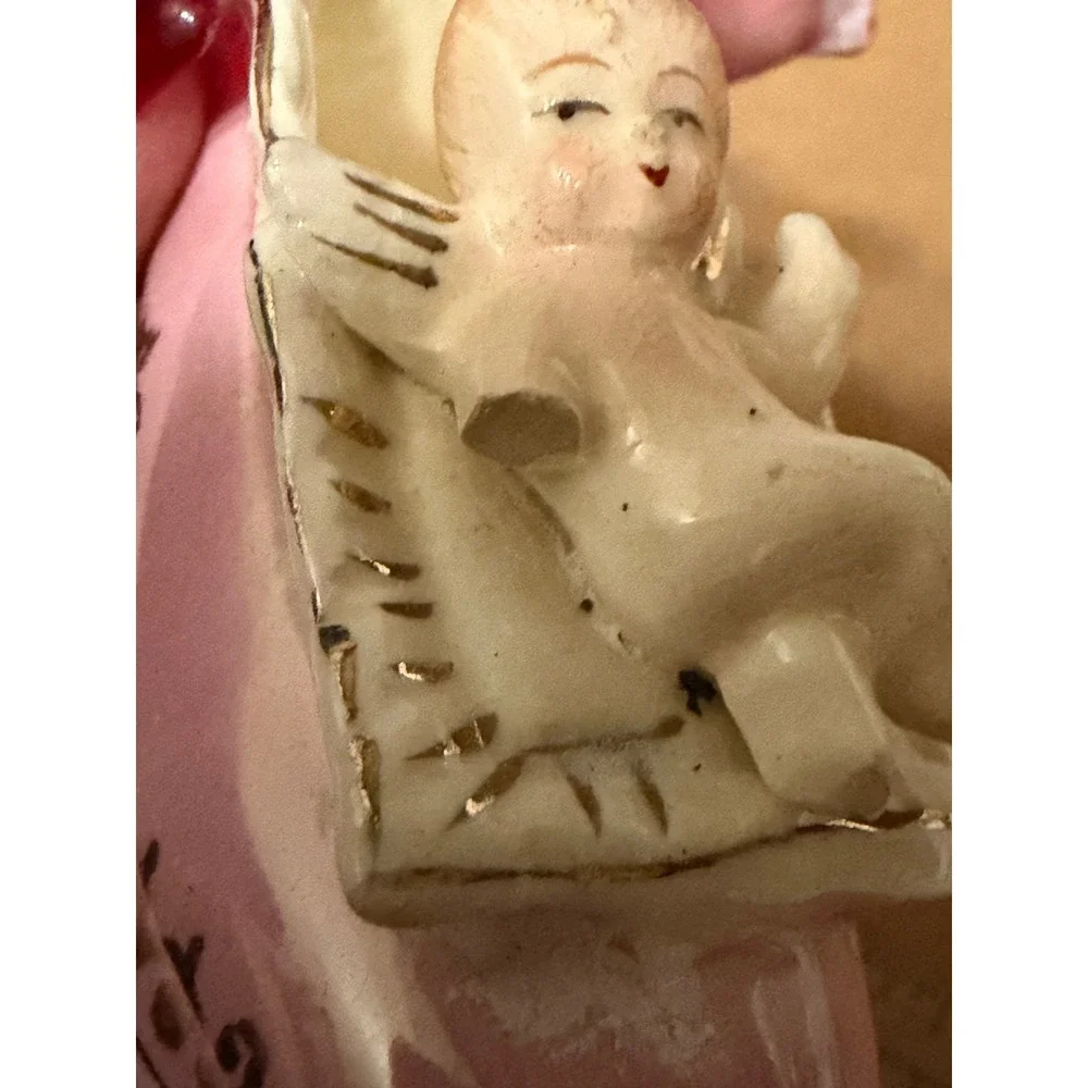 Vintage Moseco Japan Pink Ceramic Shoe Figurine with Cherub Angel Gold Gilt Trim